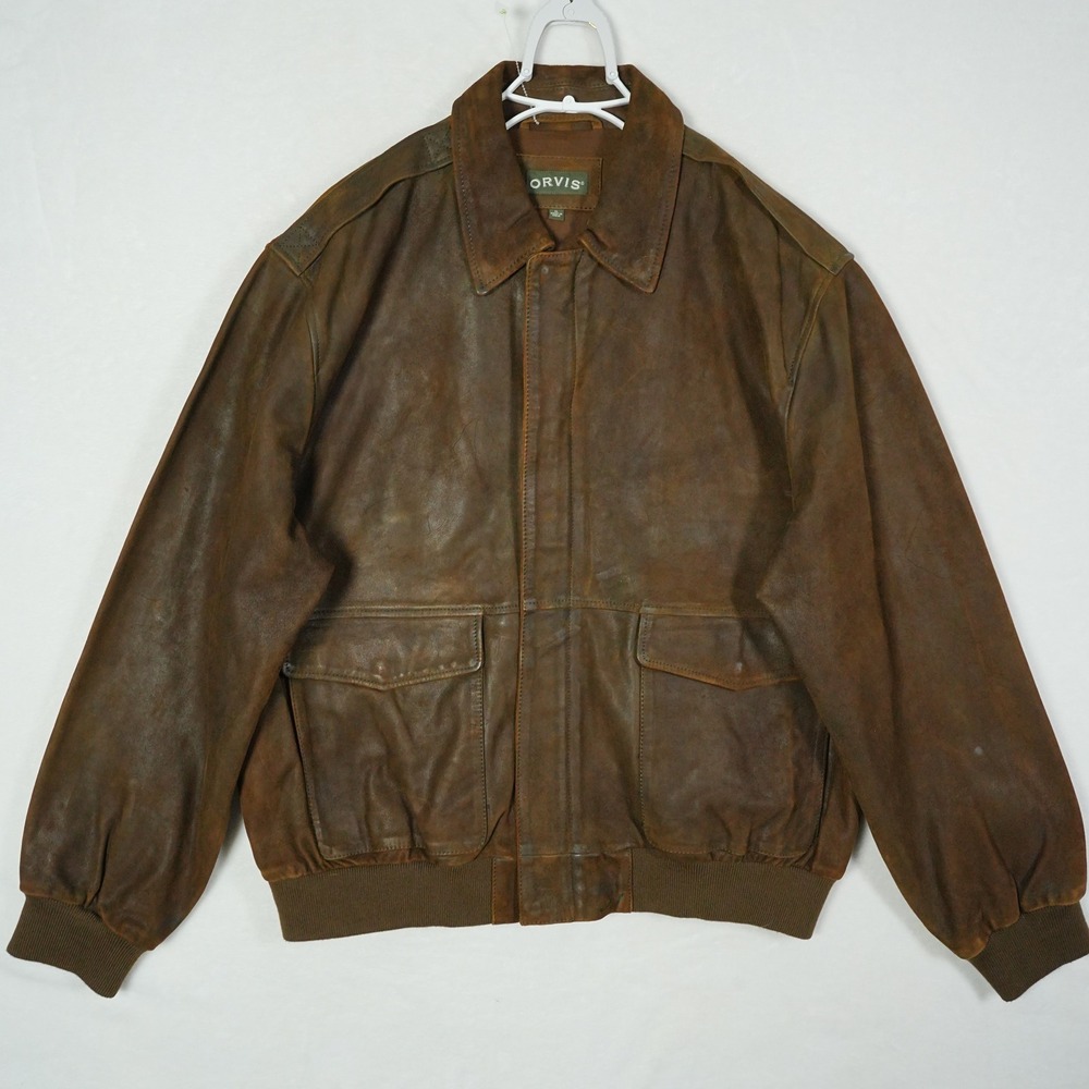Orvis Mens Leather Bomber‎ Jacket Distressed Brown Flight Jacket XL 2JJ2